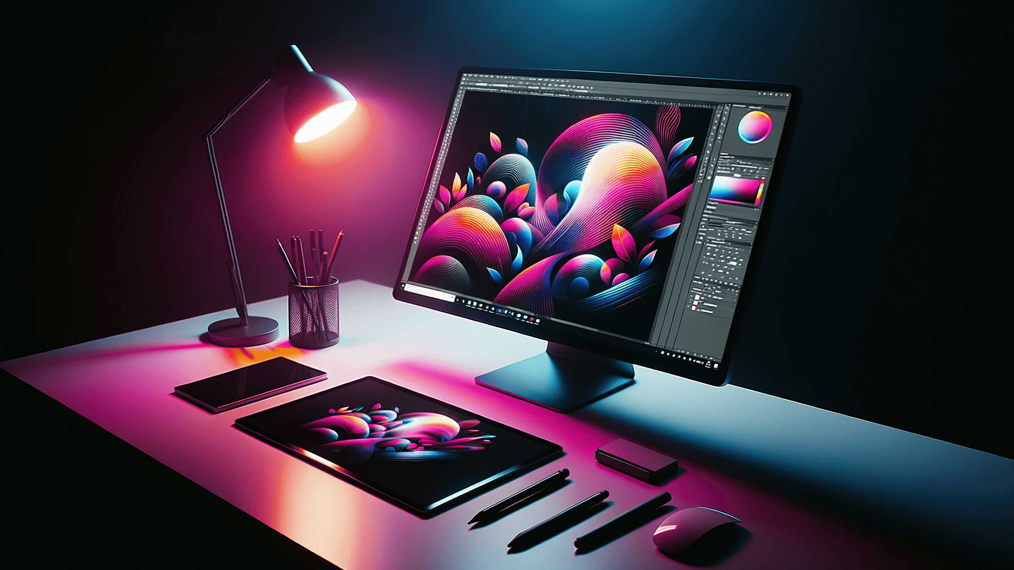 A desk with a monitor, a graphical tablet and a lamp on. Some graphical elements in vivid colours on the screen.