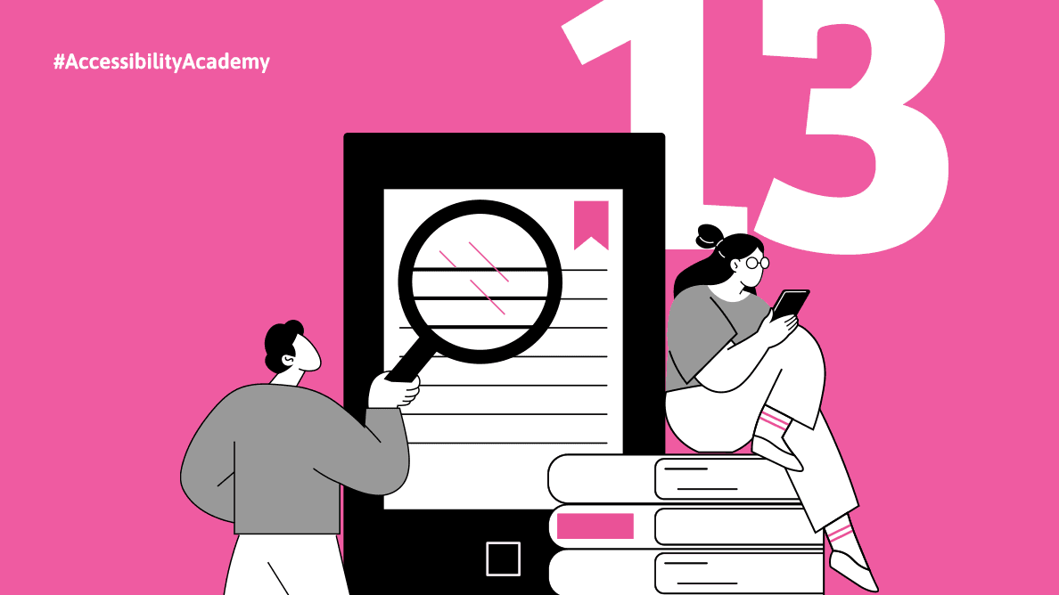 A large tablet displays an ebook page with a magnifying glass held by a person standing. Next to the tablet, a woman wearing glasses sits on a stack of books, reading on a ebook reader — symbolizing the importance of adaptable text for diverse reading needs.